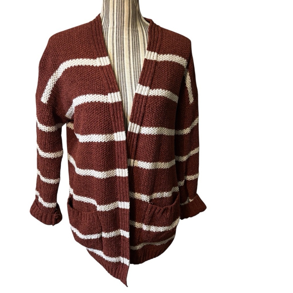 SALE! Pink Rose Cardigan L Brown and White Striped Knit Open design Drop Pockets